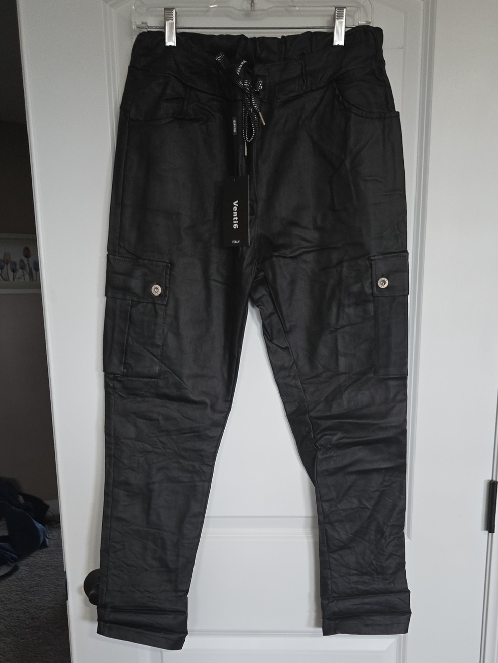 Venti6 Italian Black Pleather Crinke Cargo Joggers with Drawstring Waist NWT